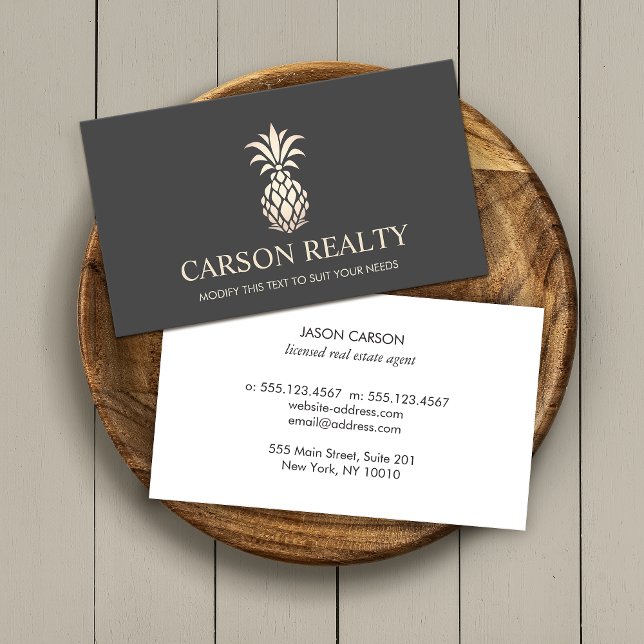 Cartão De Visita Logotipo do abacaxi Elegante Imobiliário (Criador carregado)