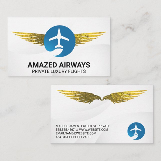 Cartão De Visita Logotipo do avião | Voos | Asas ouros (Frente/Verso)