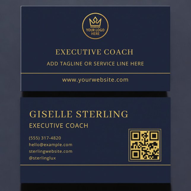 Cartão De Visita Logotipo do Código QR Azul Dourado do Coach Execut (Criador carregado)