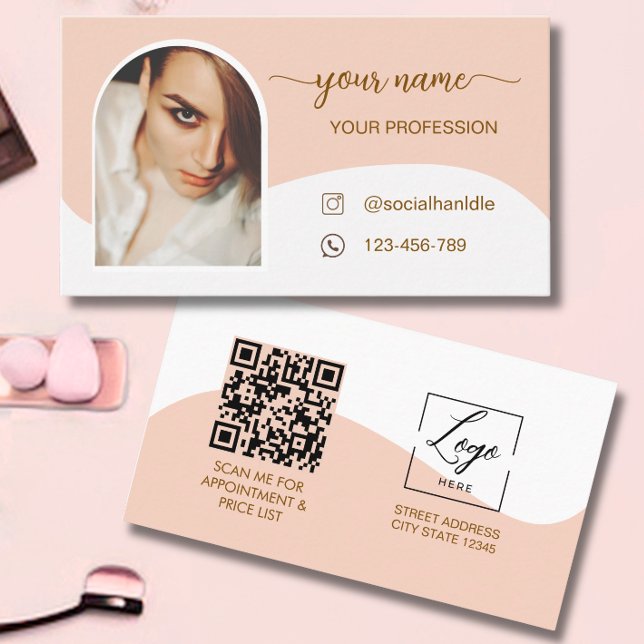 Cartão De Visita Logotipo do código QR da foto rosa do arco moderno (Criador carregado)