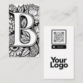 Cartão De Visita Logotipo do código QR Floral Branco e Preto, com u