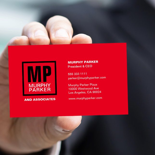 Cartão De Visita Logotipo do Monograma ao Quadrado Branco Vermelho  (Criador carregado)