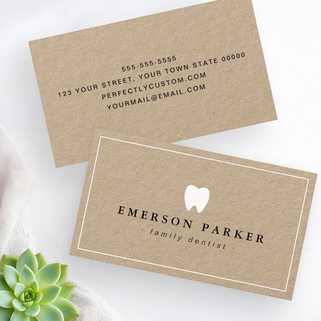 Cartão De Visita Logotipo dos dentes dentários moderno do Kraft (Dentist dental tooth logo modern Kraft paper Business Card)