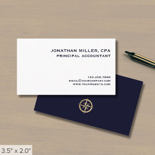 Cartão De Visita Logotipo Dourado azul de Marinho branco simples