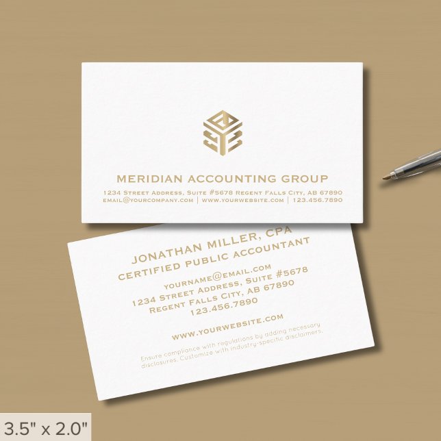 Cartão De Visita Logotipo Dourado branco clássico simples (Criador carregado)
