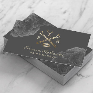 Cartão De Visita Logotipo Dourado Floral Escuro do Lista de Cabelos