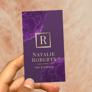 Cartão De Visita Logotipo Dourado Floral Roxo do Artista de Maquiag