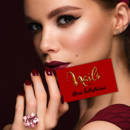 Cartão De Visita Logotipo Dourado Vermelho do Script Red Unhas Arti