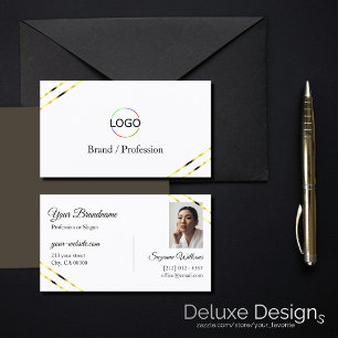Cartão De Visita Logotipo e Foto com Listras Douradas Simples Branc
