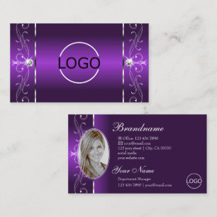 Cartão De Visita Logotipo e foto de joias brancas roxas vibrantes e