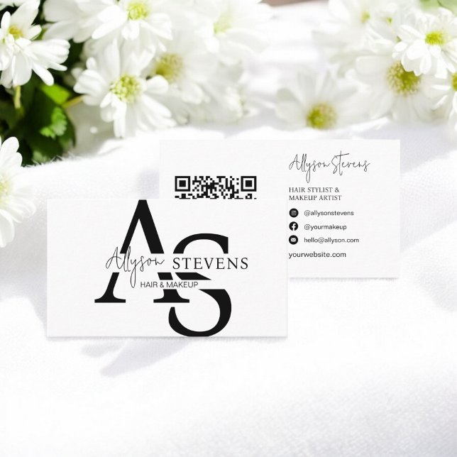 Cartão De Visita Logotipo e iniciais do cabeleireiro (Logo script initials hair makeup qr code business card)