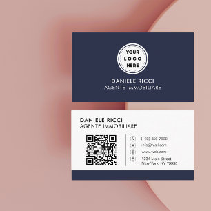 Cartão De Visita Logotipo Empresarial Código QR Azul-Marinho Mode