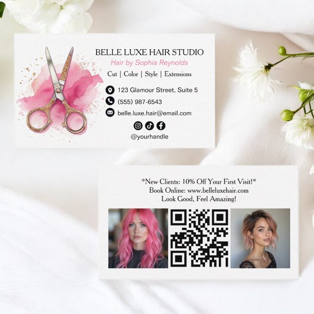 Cartão De Visita Logotipo Estilista de Cabelos de Aquarela Rosa Mod (Modern Pink Watercolor Hair Stylist Logo Social Business Card)