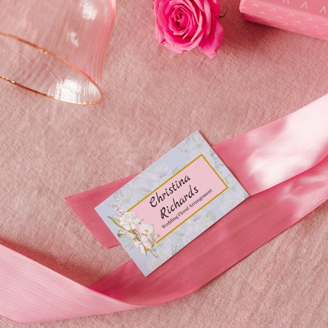 Cartão De Visita Logotipo Floral Azul Rosa Branca Moderna (Criador carregado)