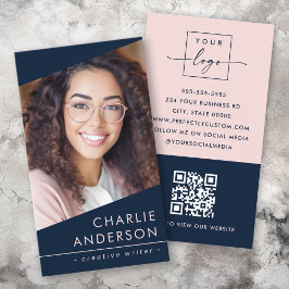Cartão De Visita Logotipo fotográfico Código QR moderno azul escuro
