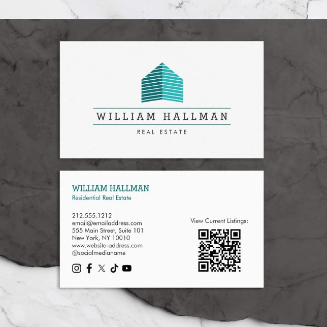 Cartão De Visita Logotipo inicial do abstrato Código QR branco/Teal (Criador carregado)