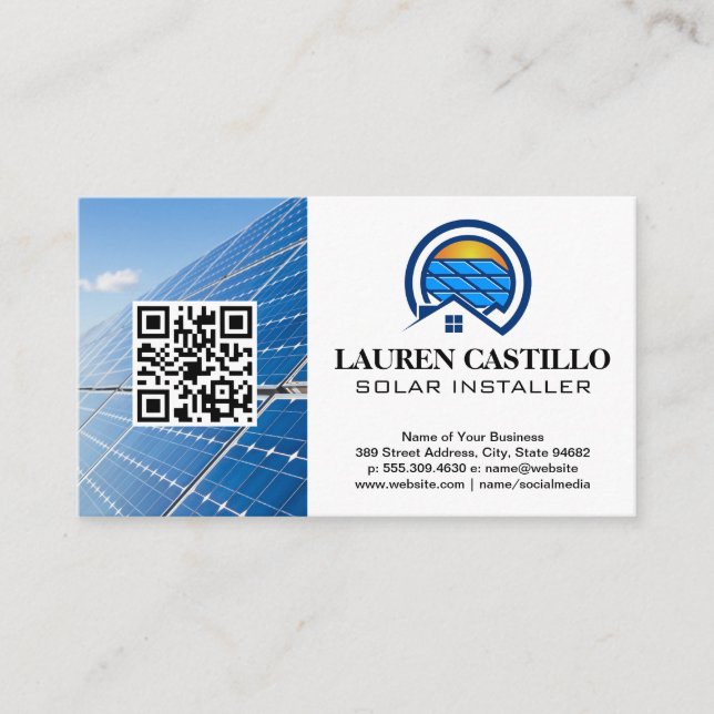 Cartão De Visita Logotipo inicial do painel solar | QR (Frente)