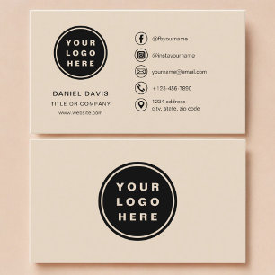 Cartão De Visita Logotipo Minimalista Bege com Ícones de Mídia Soci