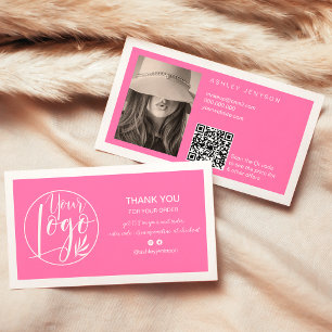 Cartão De Visita Logotipo minimalista branco rosa Qr obrigado de pe