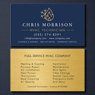 Cartão De Visita Logotipo Moderno HVAC Azul Naval Dourado