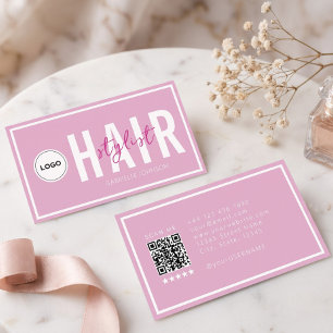 Cartão De Visita Logotipo Moderno QR Rosa Bege Branco Cabelereiro 