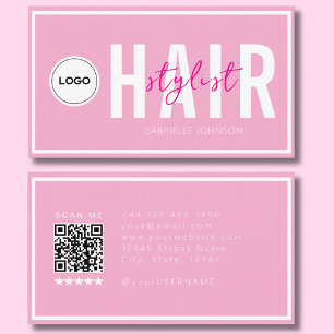 Cartão De Visita Logotipo Moderno QR Rosa Bege Branco Cabelereiro