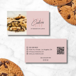 Cartão De Visita Logotipo Monograma de Cookies Padaria Foto QR Rosa