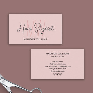 Cartão De Visita Logotipo Monograma de Estilista de Cabelo Rosa Beg