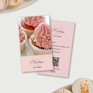 Cartão De Visita Logotipo Monograma de Padaria Cupcake Foto QR Rosa
