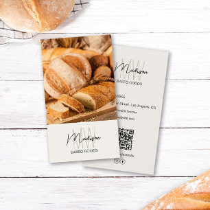 Cartão De Visita Logotipo Monograma de Padaria Foto QR Tom Neutro