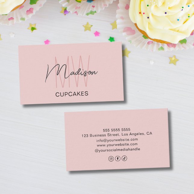 Cartão De Visita Logotipo Monograma Personalizado Rosa (Custom Monogram Logo Bakery Pink Business Card)