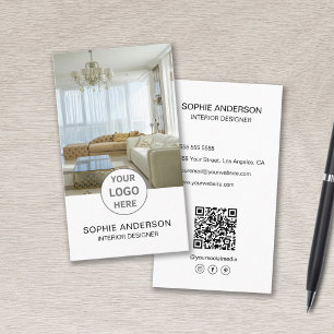 Cartão De Visita Logotipo no Designer Foto QR Mídia social Branco