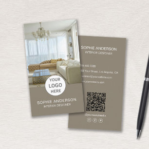 Cartão De Visita Logotipo no Designer Foto QR Social Media Taupe