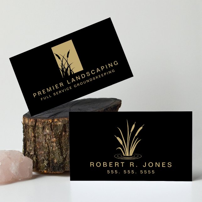 Cartão De Visita Logotipo Paisagista do Landscaper Preto e Dourado (Criador carregado)