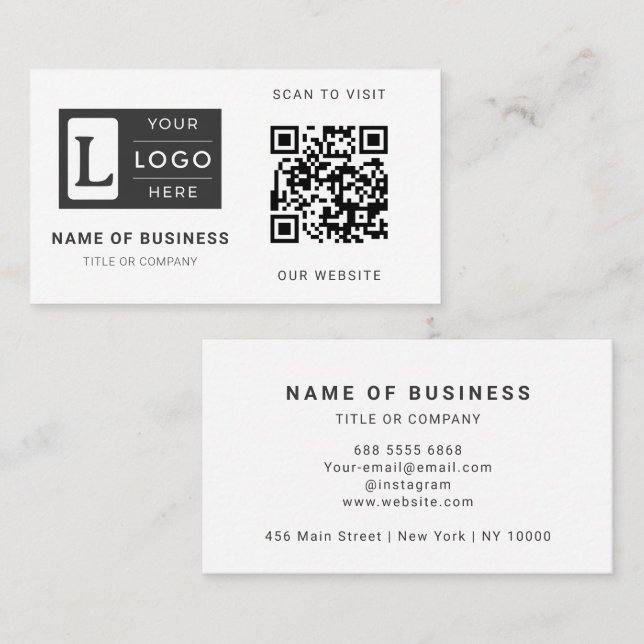 Cartão De Visita Logotipo Personalizado Código QR Branco Minimalist (Frente/Verso)