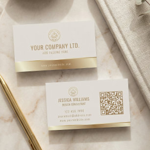 Cartão De Visita Logotipo Personalizado Código QR Elegante Bege Dou