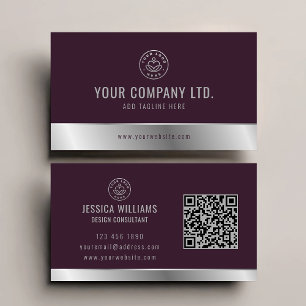 Cartão De Visita Logotipo Personalizado Código QR Elegante Burgundy
