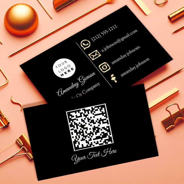 Cartão De Visita Logotipo personalizado Mídia social Dourada Código (Custom Logo Social Media Gold QR Code Black White Business Card)