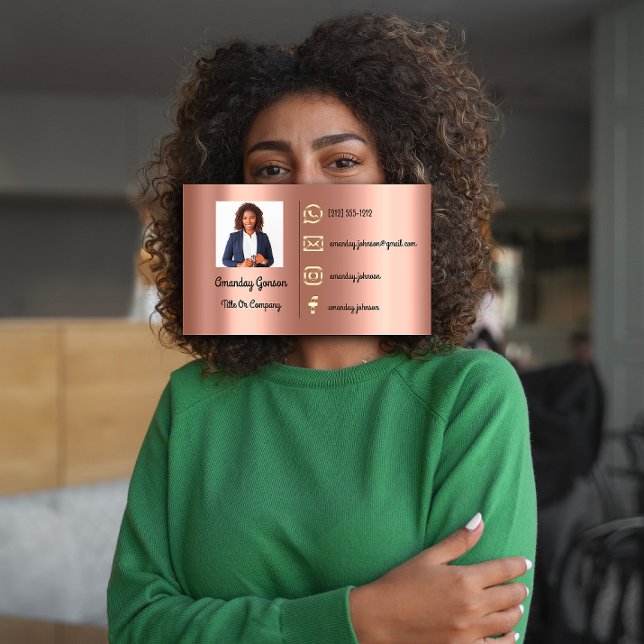 Cartão De Visita Logotipo personalizado Mídia social Dourado Código (Custom Logo Social Media Gold QR Code Photo Rose Business Card )