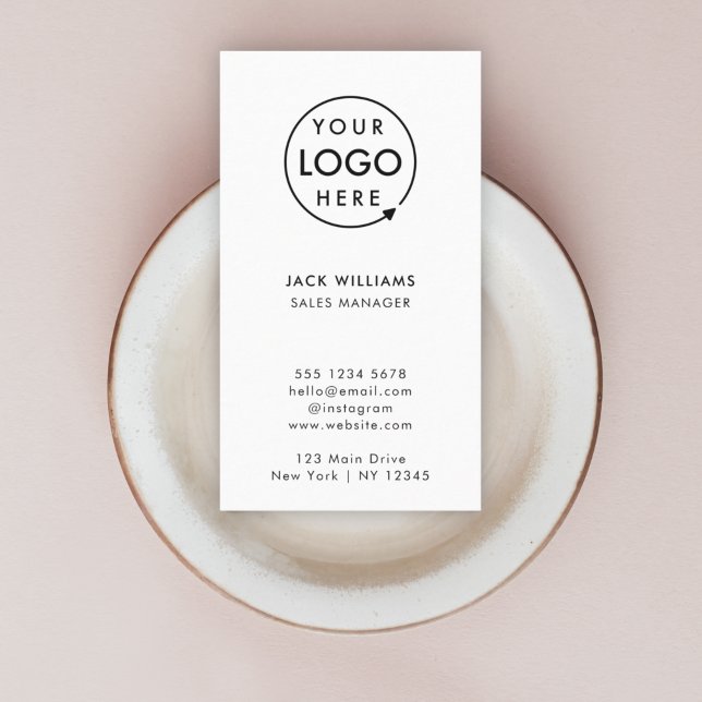 Cartão De Visita Logotipo personalizado | Moderno Minimalista Verti (Create a sleek professional branded look with this vertical white business card design.)