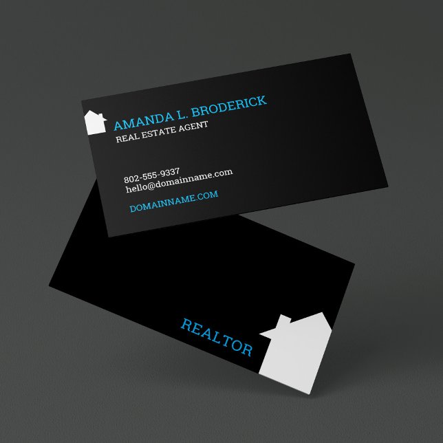 Cartão De Visita Logotipo Personalizável da Casa Simples (Modern bold black business card for real estate agent featuring a white house silhouette.)