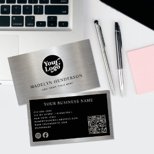 Cartão De Visita Logotipo Preto de Prata Metálico Código QR Mídia s