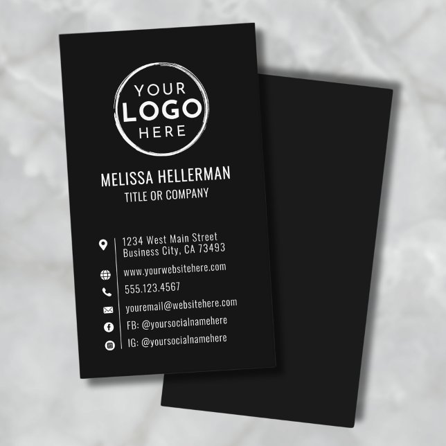 Cartão De Visita Logotipo Preto Personalizado Mínimo Moderno Vertic (Black Custom Logo Minimal Modern Vertical Business Card )