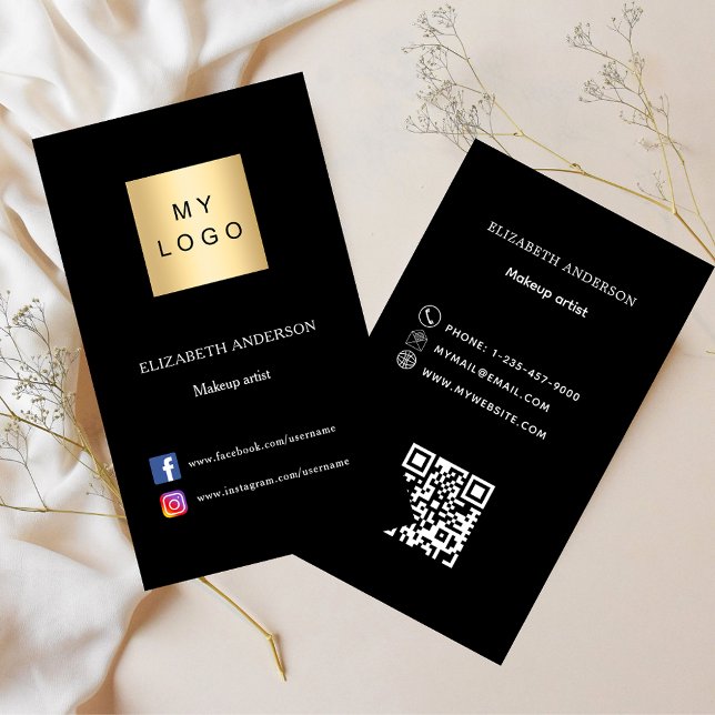 Cartão De Visita Logotipo preto Qr code social media premium (Criador carregado)