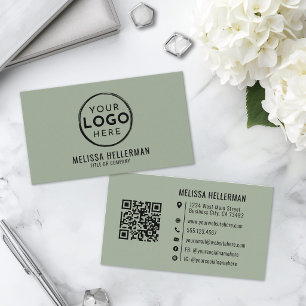 Cartão De Visita Logotipo Profissional Código QR Verde Salvia