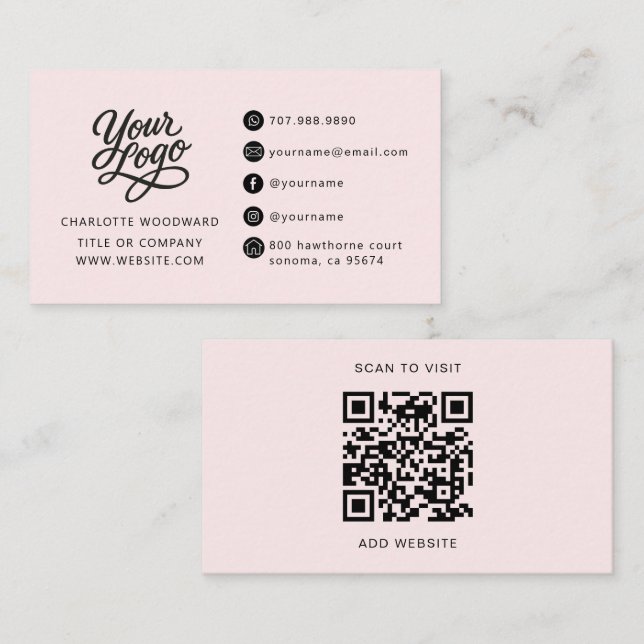 Cartão De Visita Logotipo Profissional Rosa QR Code (Frente/Verso)