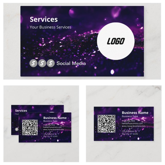 Cartão De Visita Logotipo Puro Moderno - Código QR digitalizável (Purple Modern Logo Scannable QR Code Business Cards)