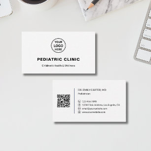 Cartão De Visita Logotipo QR Branco da Clínica Pediátrica