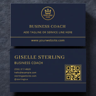 Cartão De Visita Logotipo QR Code Azul Dourado de Coach de Negócios