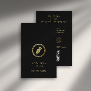 Cartão De Visita Logotipo QR de Caneta Notícia Dourada e Preta Mode